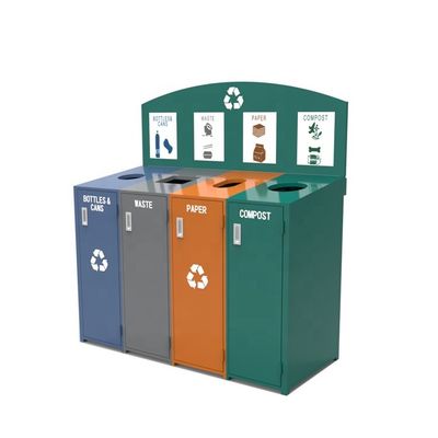 Outdoor Steel Recycling 4 Compartment Trash Can With Galvanized Steel Liner Metal Recycling Bins