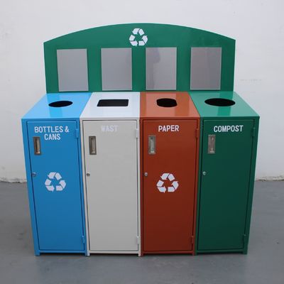 Outdoor Steel Recycling 4 Compartment Trash Can With Galvanized Steel Liner Metal Recycling Bins