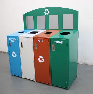 Outdoor Steel Recycling 4 Compartment Trash Can With Galvanized Steel Liner Metal Recycling Bins