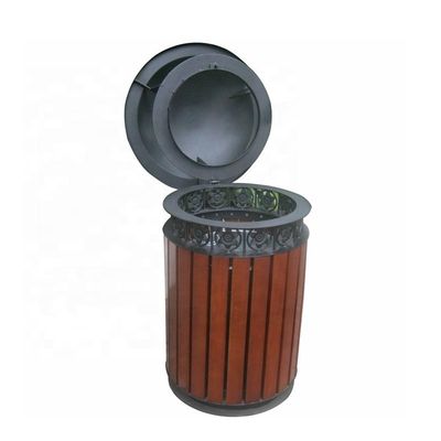 Public Hardwood Wooden Waste Bin With Galvanized Steel Liner