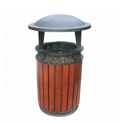 Public Hardwood Wooden Waste Bin With Galvanized Steel Liner