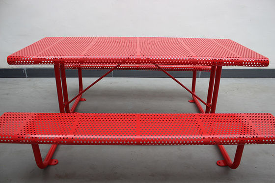Perforated Steel Outdoor Picnic Table With Benches Surface Mounted Free Standing