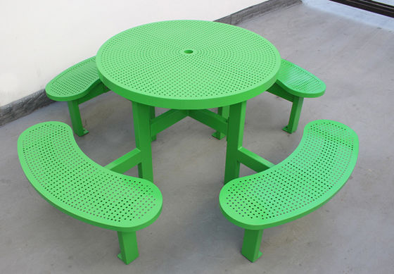 Customized Round Outdoor Picnic Tables , Metal Table And Bench Set With Parasol