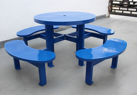 Customized Round Outdoor Picnic Tables , Metal Table And Bench Set With Parasol