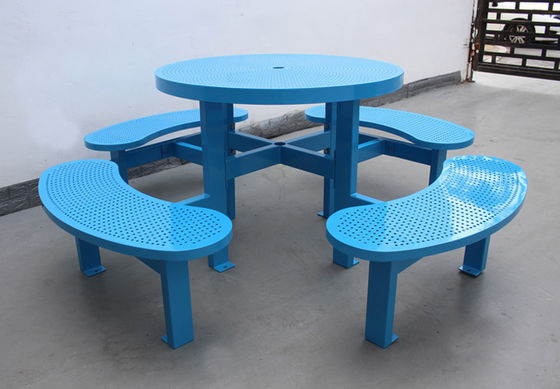 Customized Round Outdoor Picnic Tables , Metal Table And Bench Set With Parasol