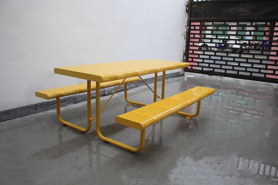 Outdoor Perforated Metal Picnic Table With Two Benches Surface Mounted