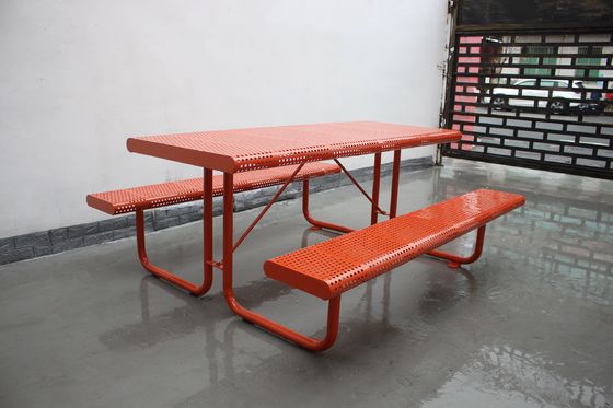 Outdoor Perforated Metal Picnic Table With Two Benches Surface Mounted