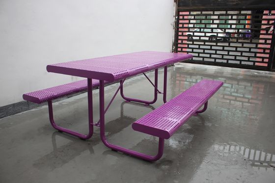 Outdoor Perforated Metal Picnic Table With Two Benches Surface Mounted