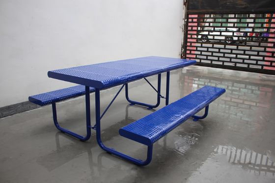Outdoor Perforated Metal Picnic Table With Two Benches Surface Mounted