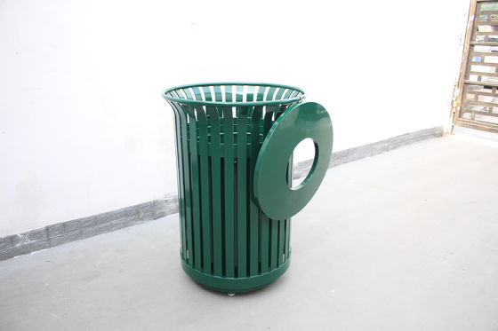 North America Hot Sale Street Trash Receptacle Outdoor Slatted Metal Dustbin With Cover In 32 Gallon'S Capacity