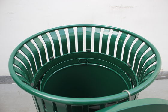 North America Hot Sale Street Trash Receptacle Outdoor Slatted Metal Dustbin With Cover In 32 Gallon'S Capacity