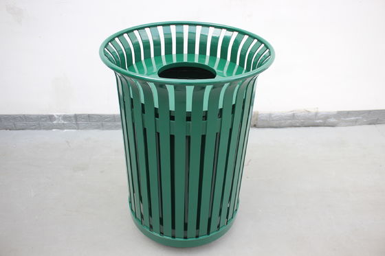 North America Hot Sale Street Trash Receptacle Outdoor Slatted Metal Dustbin With Cover In 32 Gallon'S Capacity